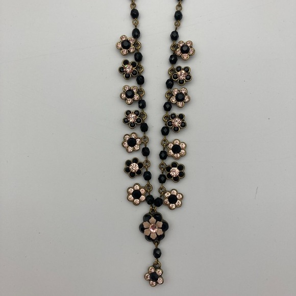 Michal Negrin Jewelry - Vtg Michal Negrin Black Pink Beaded Floral Daisy Chain Choker Crystal Accents
